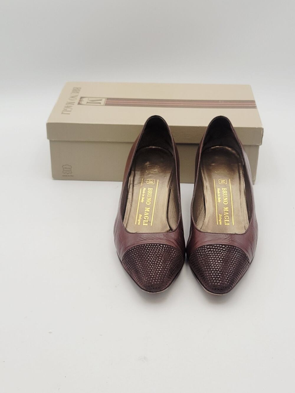 BRUNO MAGLI Brown Leather Pump Snakeskin 2.5" Heel Sz 7 B Made in Italy Dana Vtg